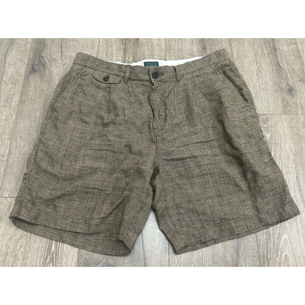 J.CREW Oarsman Shorts Mens 33 Pleated 100% Linen 7” Glen Plaid BZ985